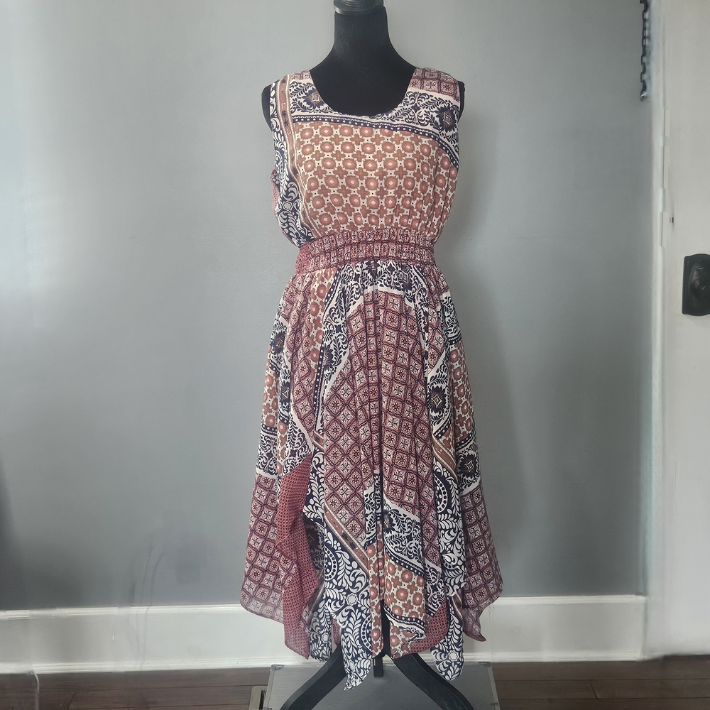 J Glee Boho Sundress Womens M Pink Floral Handkerchief Hem Sleeveless Midi Dress